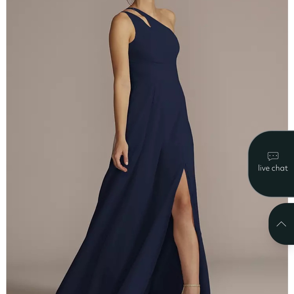 David's Bridal: Celebrate DB Studio 
One-Shoulder, Cut out Gown in Marine